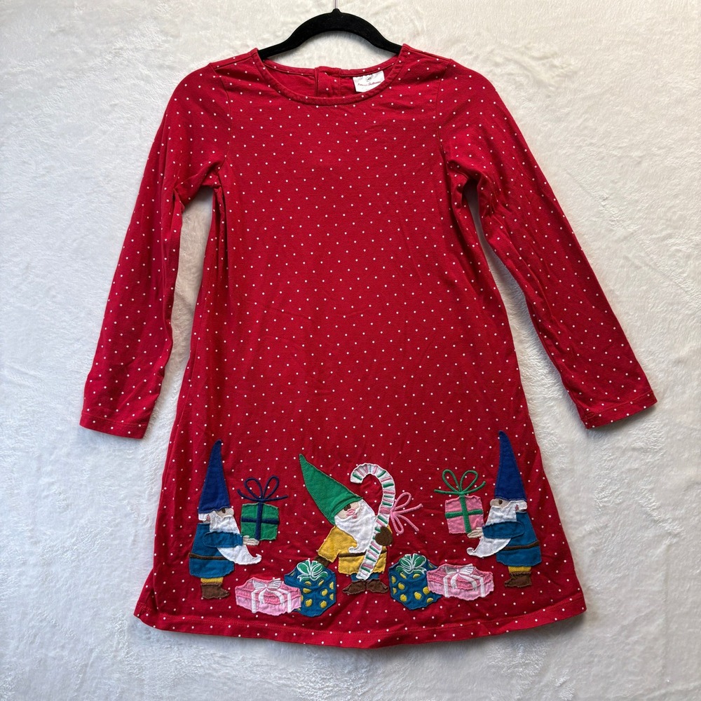 Hanna Andersson Christmas Dress Sz 140 Red Polka Dot Gnome Candy Cane Holiday‎